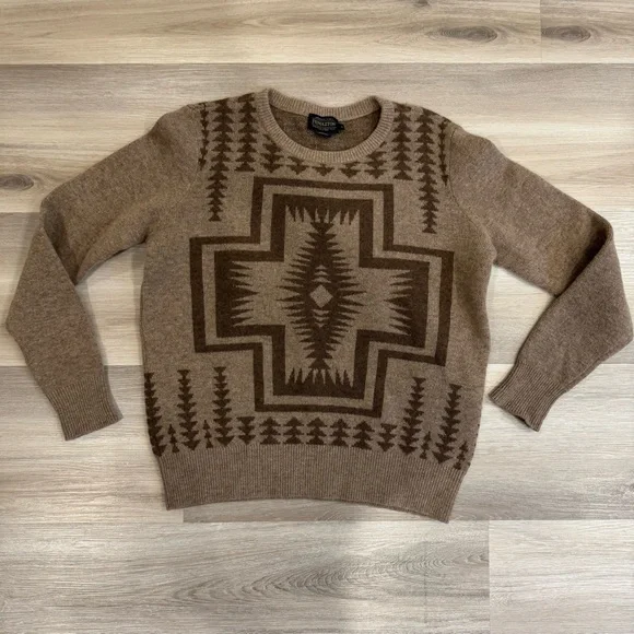 Pendleton Harding Southwestern Geometric Tan Brown Wool Sweater Women’s Medium - Picture 1 of 9